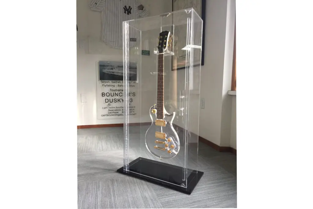 Custom clear acrylic guitar display case built by Plastic-Craft Products