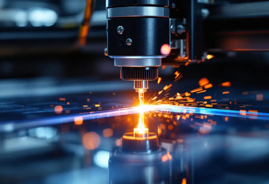 Laser cutting head cutting a plastic sheet at Plastic-Craft Products