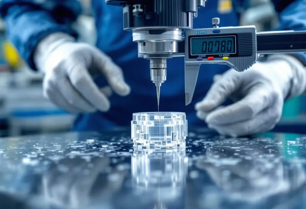 Precision quality inspection of a machined clear plastic part at Plastic-Craft Products
